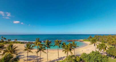Direct Beach Front. Located at Ko Olina's 2nd Beach Lagoon. Furnished beautifully with 1 King bed and two twin beds in the 2nd room which can be converted into a king bed.  Attention to detail is evident with  Panoramic Ocean views.