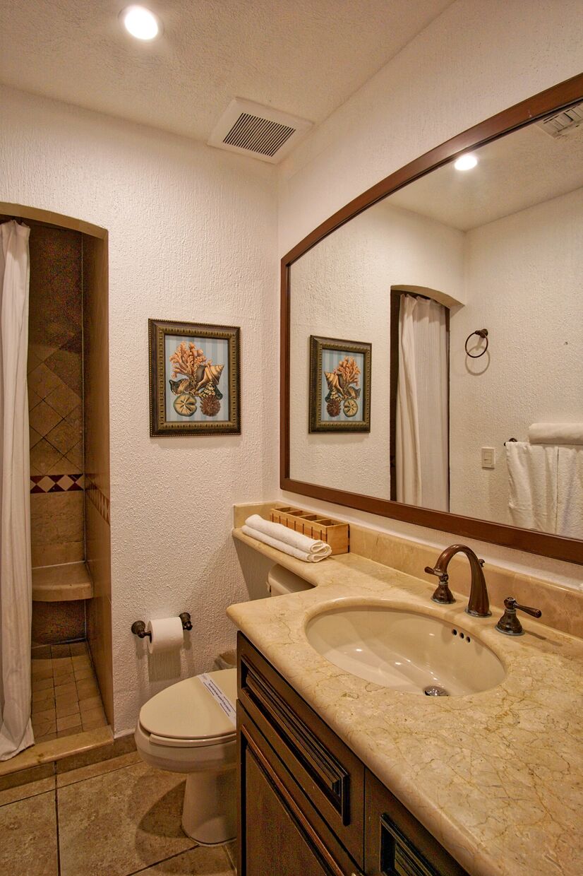 THe guest bathroom has a shower and vanity.