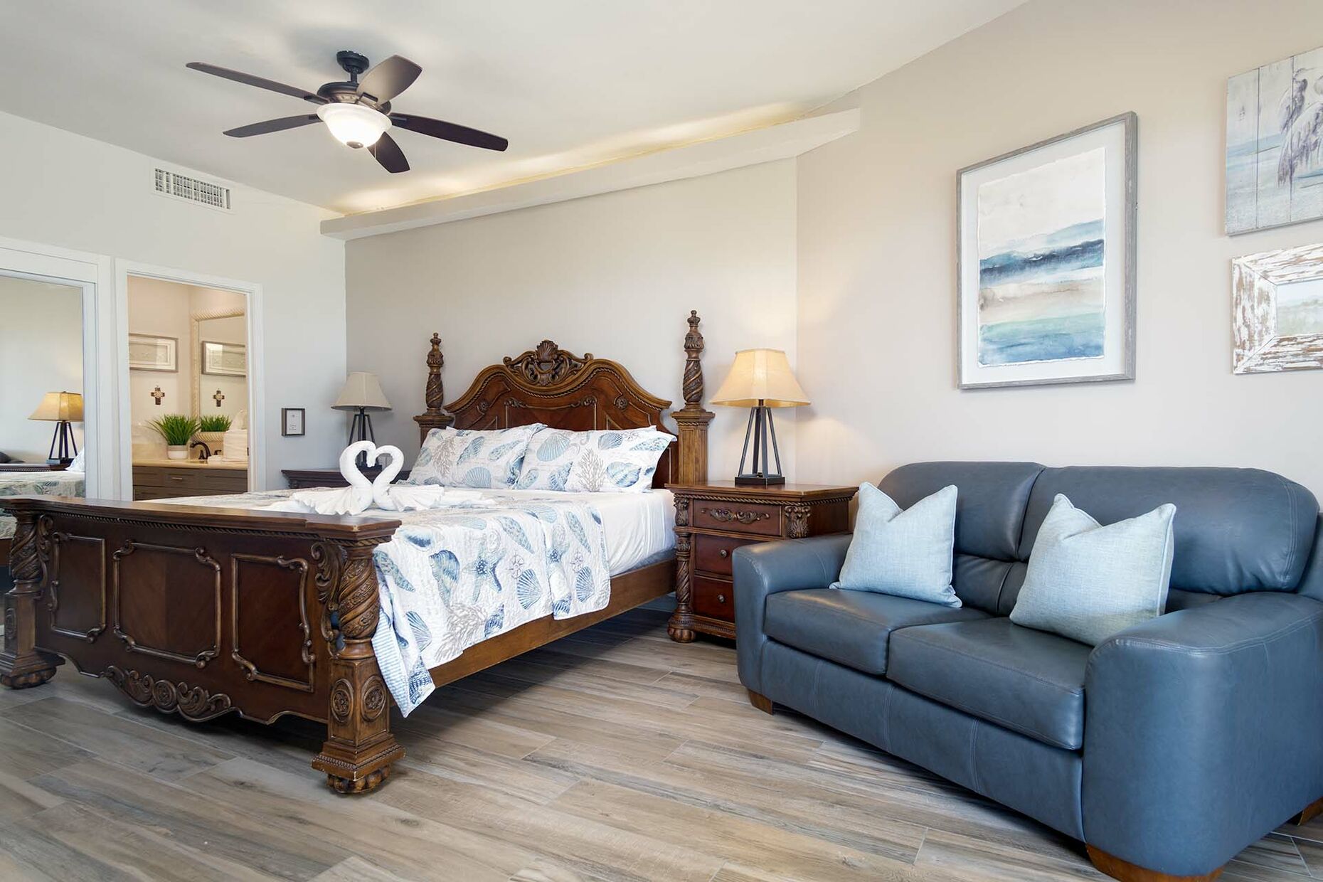 Recessed lighting adds to the calm ambiance of the Master bedroom.