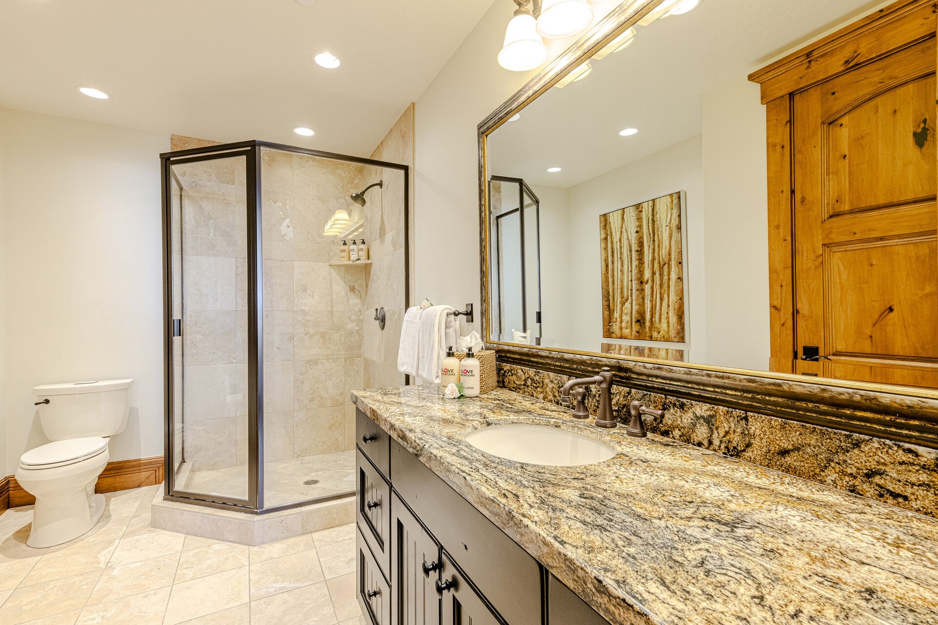 Lower Level Master Bathroom 3 with Stone Counter Vanity and Tiled Shower