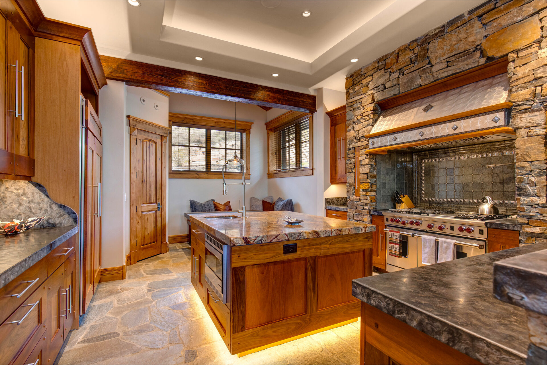 Gourmet Chef's Kitchen with Oversized Wolf Stove, Built-in Sub Zero Fridge, Twin Stainless Dishwashers