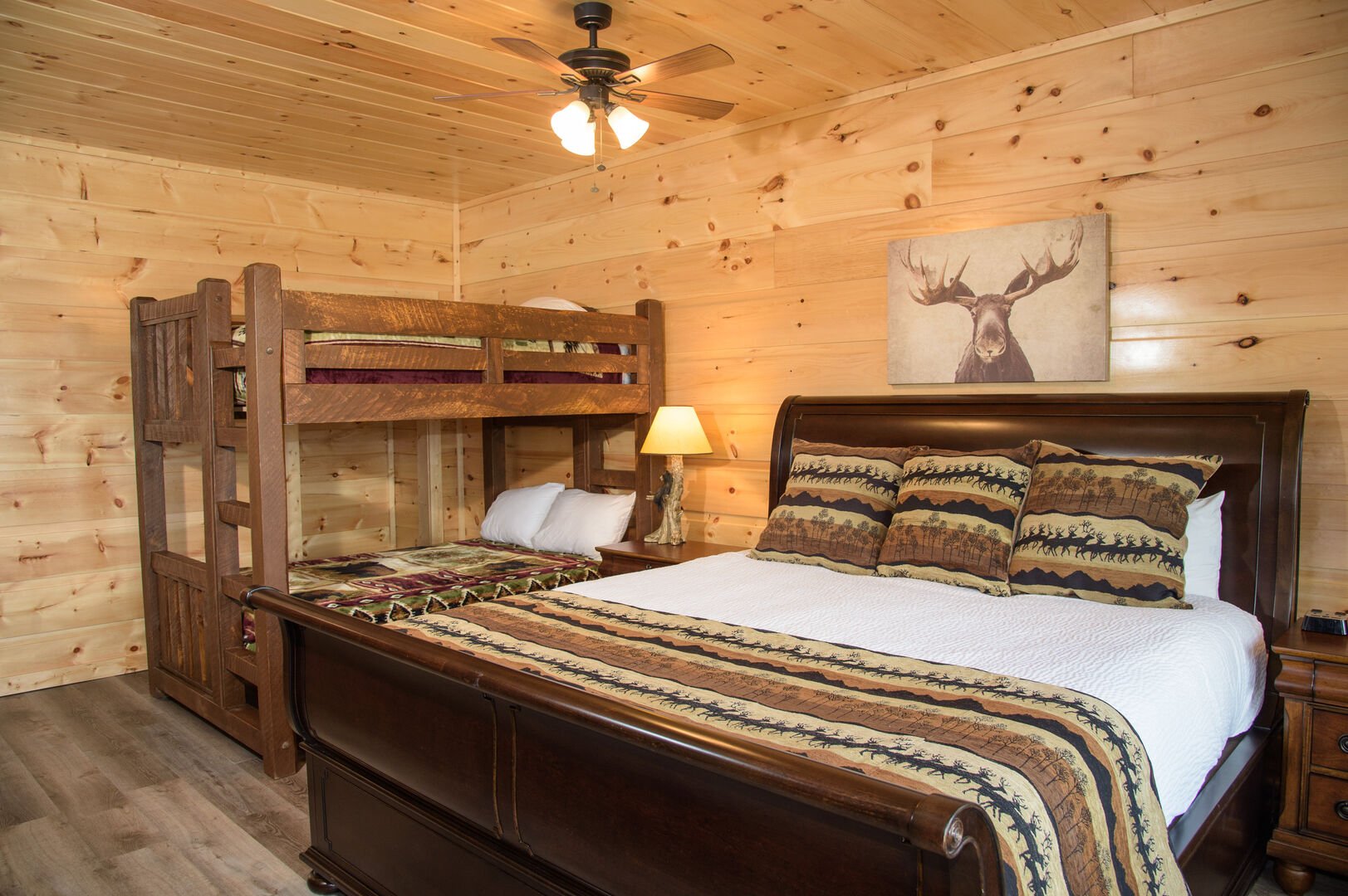 Bunk Beds, King Bed, fireplace, TV, & private bathroom