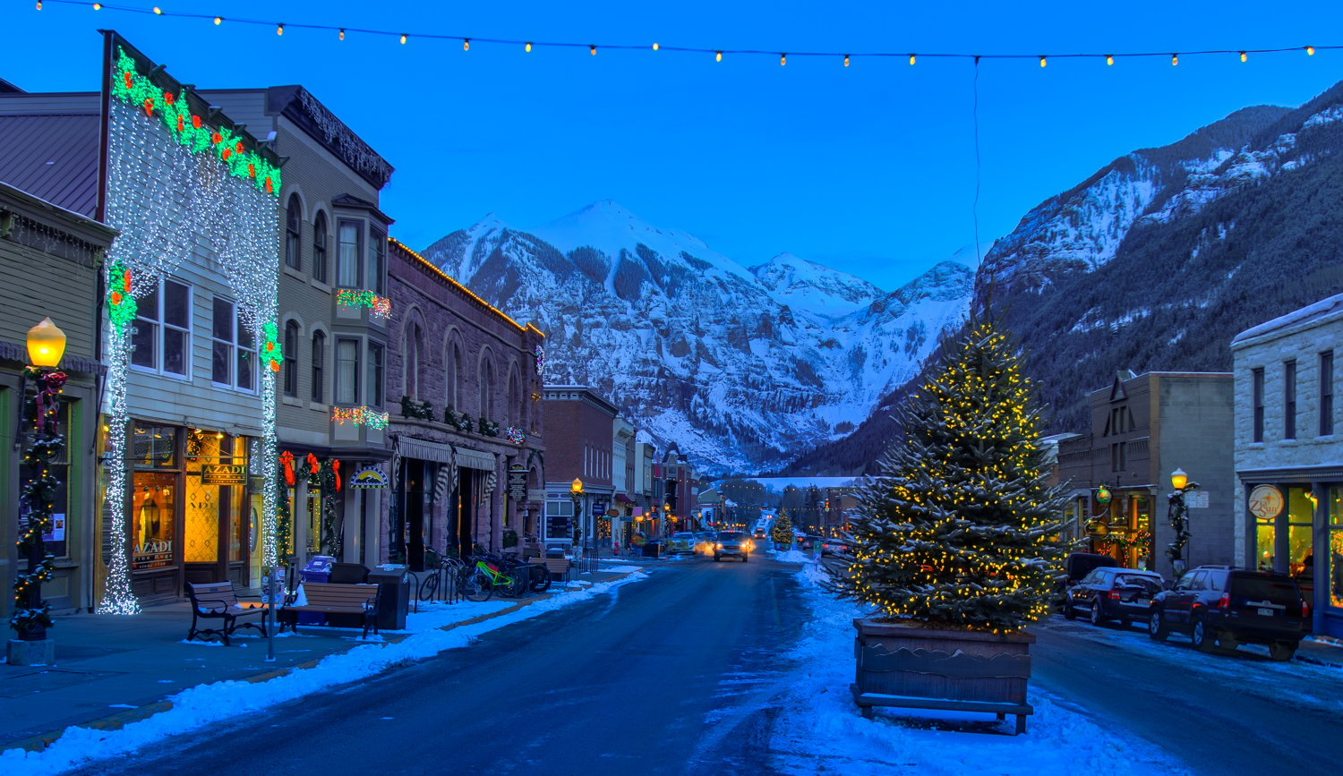 View of Main Street in Telluride with Christmas Lights