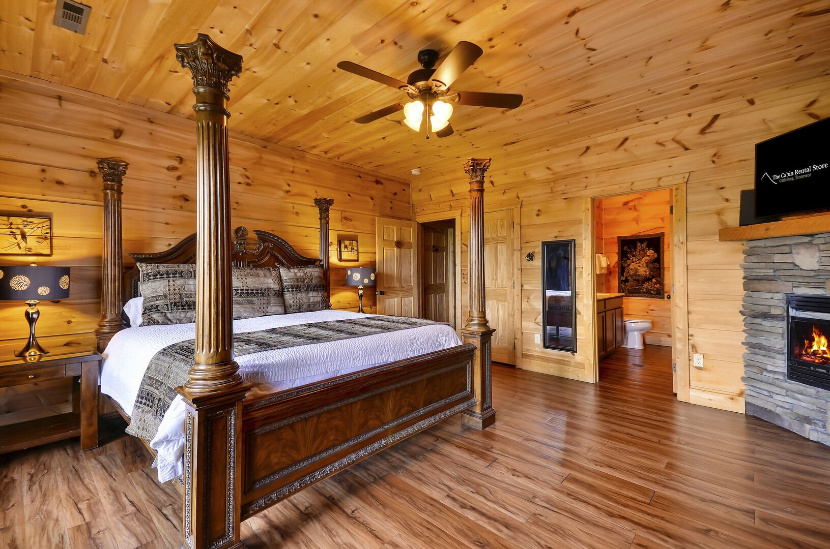 Image of Large Wooden Bed Frame in Bedroom.