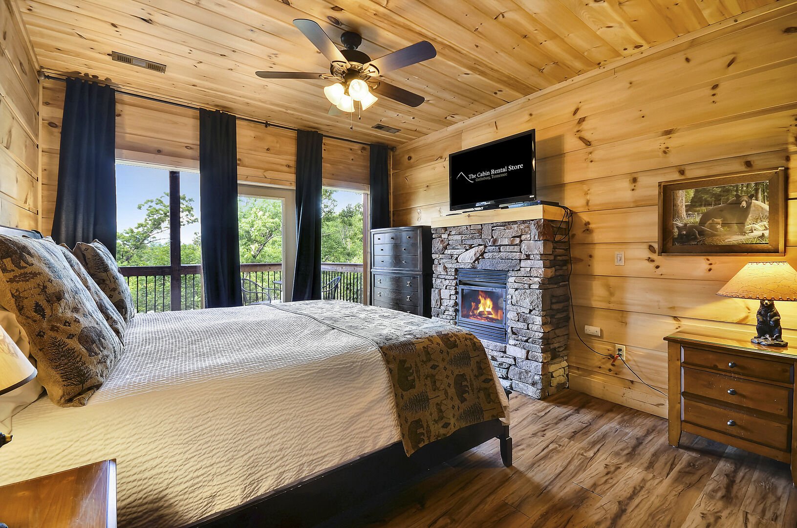 Image of Bed, TV, and Fireplace in Bedroom.