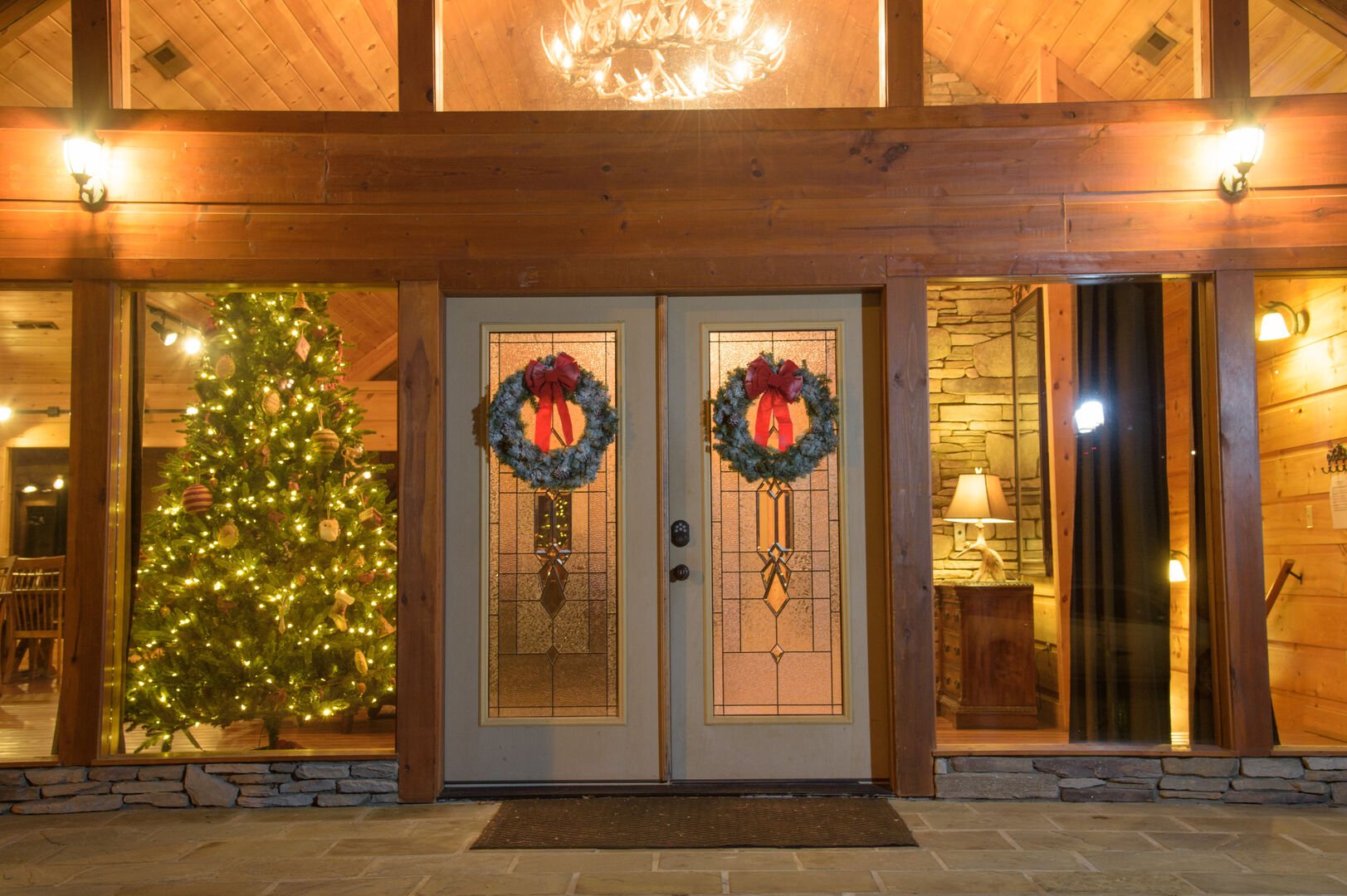 Image of Front Doors Decorated for the Holidays.
