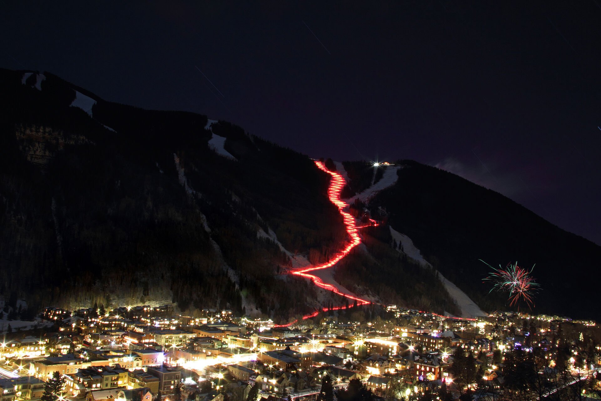 View of ski trail at night