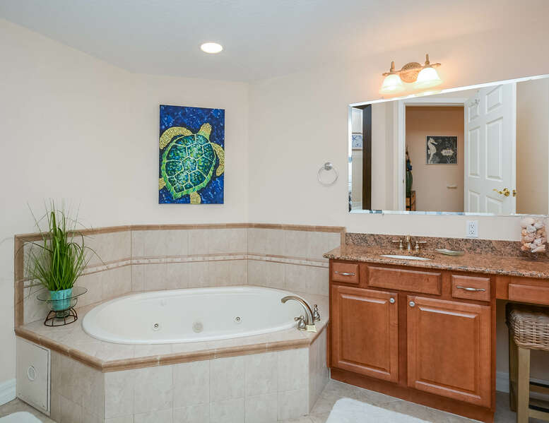 Private master bath with his/her sinks, Jacuzzi tub and walk-in shower.