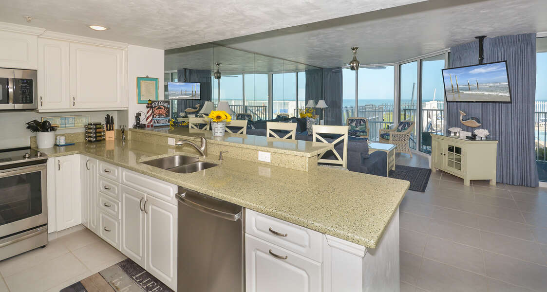 Ocean view, fully equipped kitchen with granite counter tops and everything you'll need to prepare your favorite island delight.
