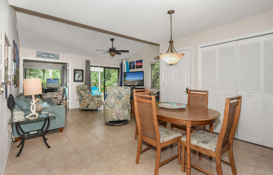The living and dining area at this New Smyrna beach villa
