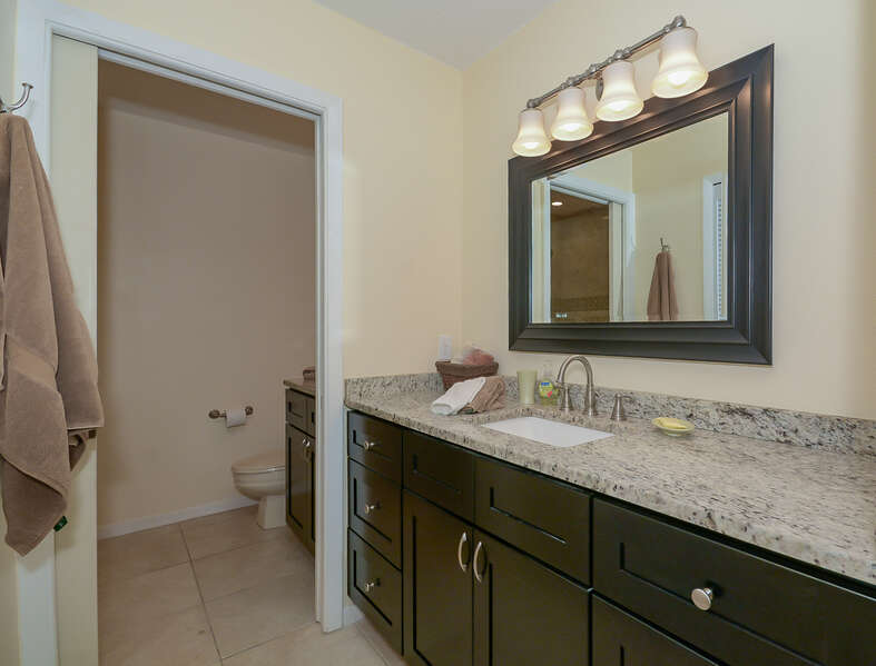 Private master bath with vanity and walk-in shower.