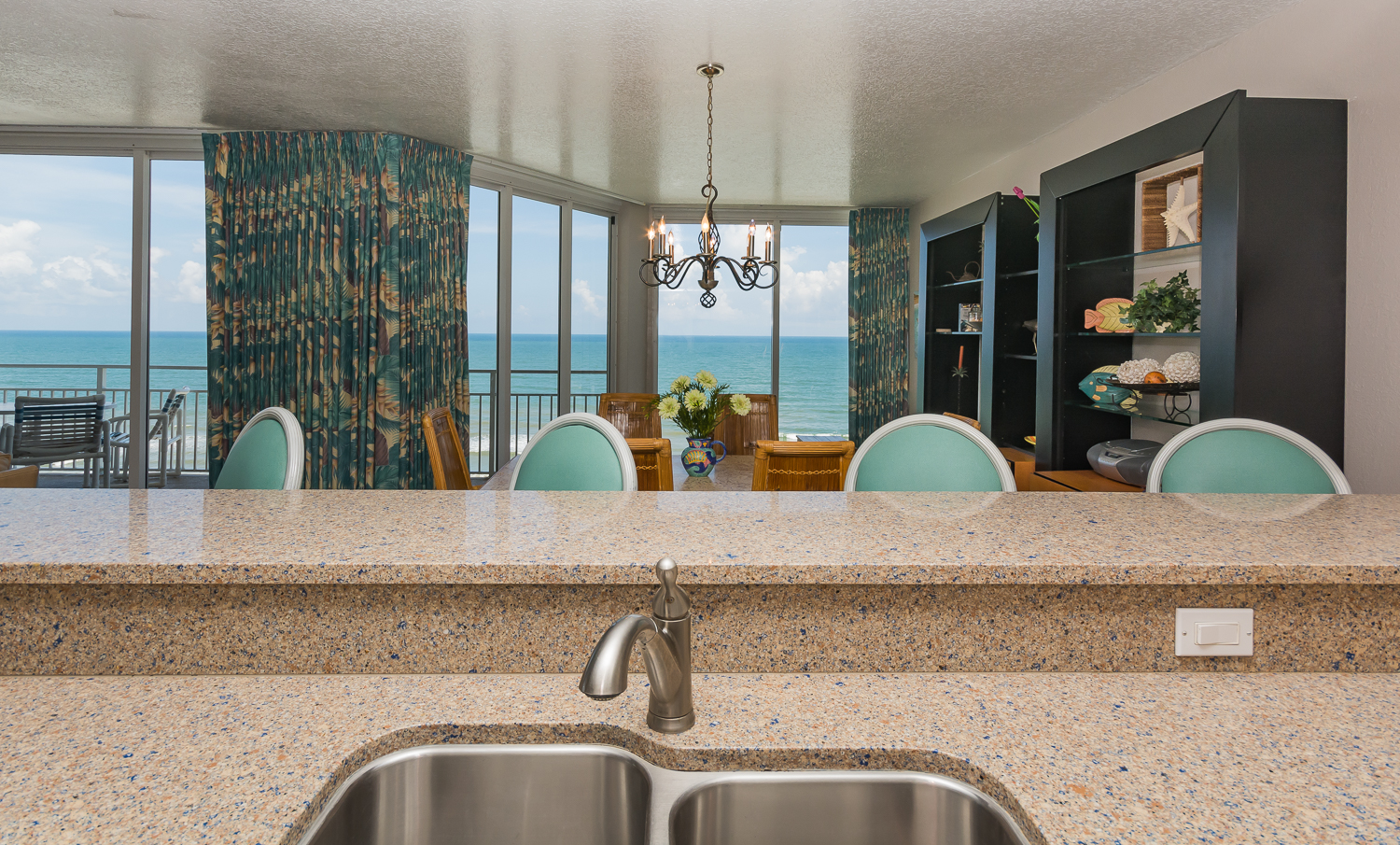 Kitchen counter seating with ocean views.