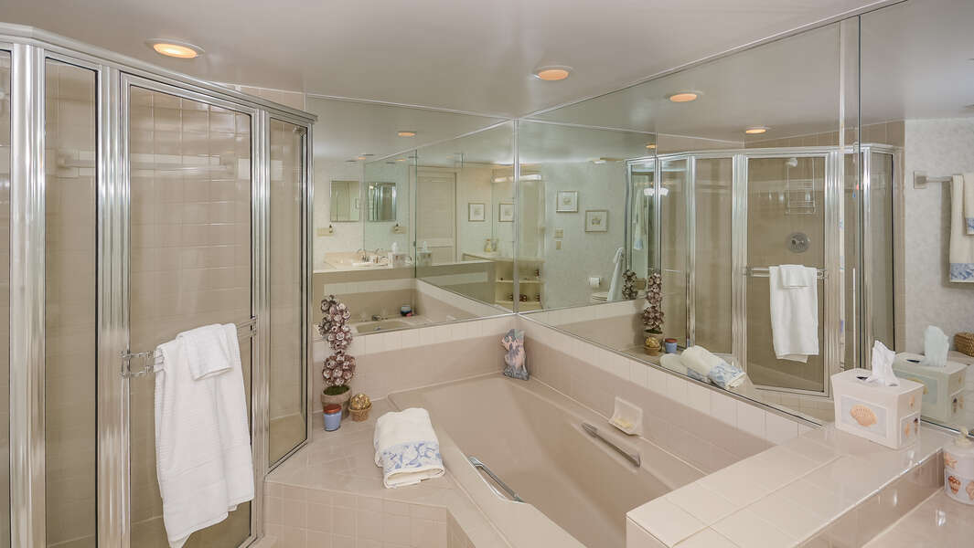 Private master bath with garden tub, walk-in shower and his/her sinks.