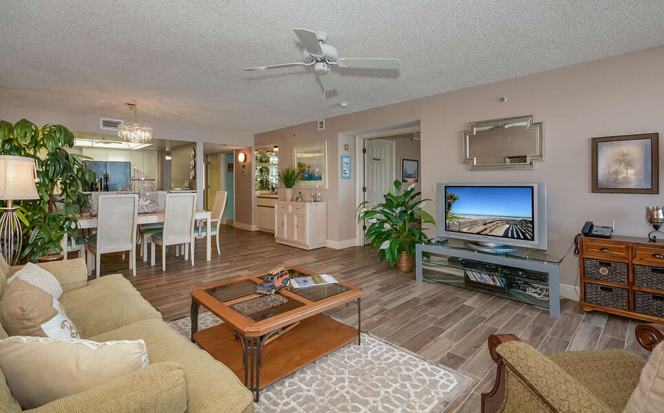 Living and dining area of this New Smyrna Beach rental.
