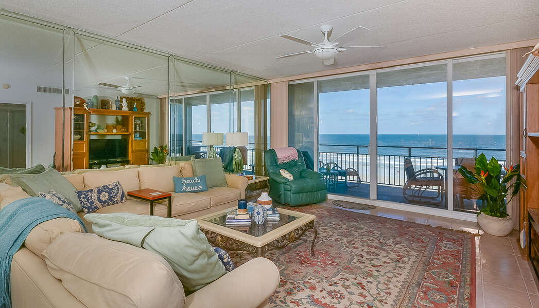 Beautiful, spacious living area with a gorgeous ocean front view.