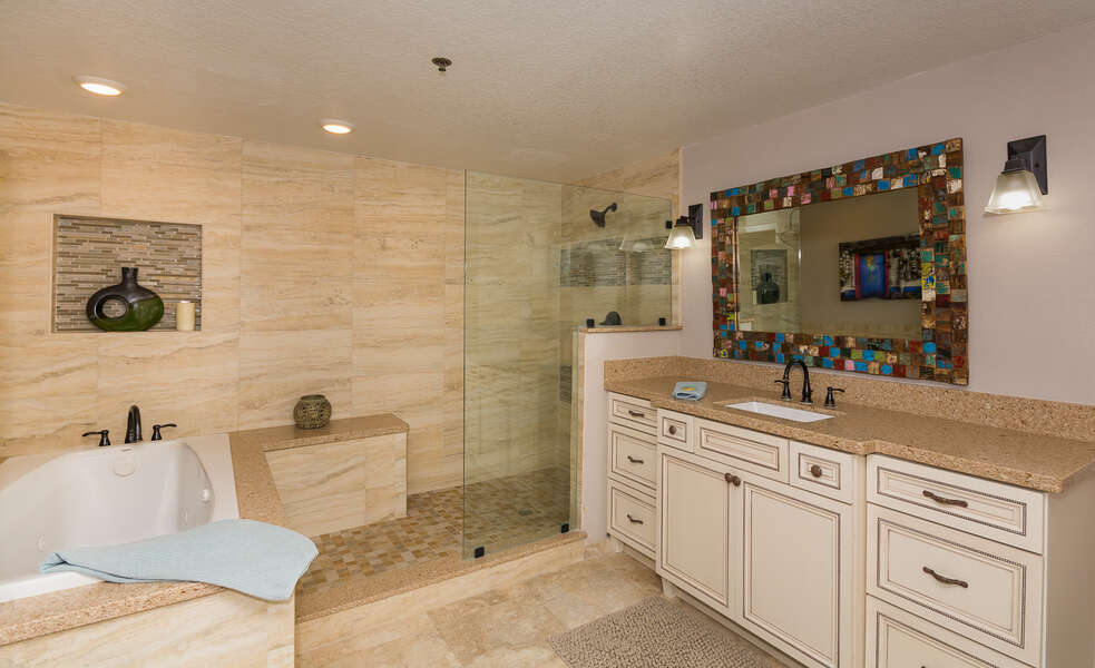 Private master bath with Jacuzzi tub and walk-in shower.