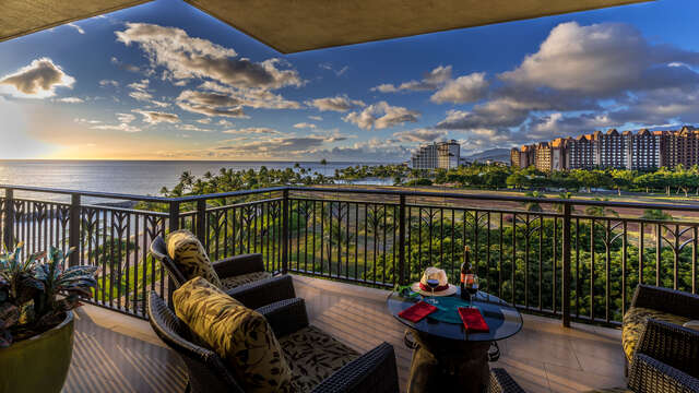 Enjoy beautiful sunsets over the Pacific blue from the lanai of this unique Ko Olina beach villa in Hawaii!