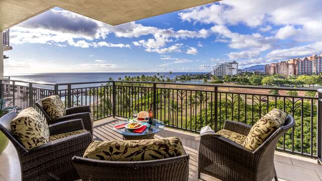 Enjoy beautiful sunsets over the Pacific blue from the lanai of this Ko Olina beach villa in Hawaii!