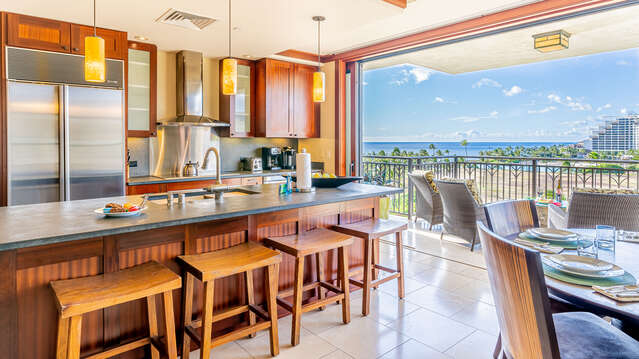Dining Area with Seating for Six and beautiful view over the Pacific blue from the lanai of this Ko Olina beach villa vacation rental in Hawaii!