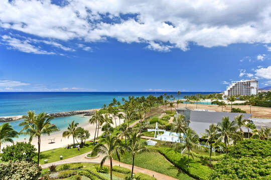 Expansive Ocean Views toward the Waianae Mountain Range next to this Ko Olina beach villa in Hawaii.