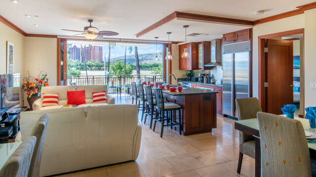 View of Family Room, Dining Area, and Kitchen in our Ko Olina Villa
