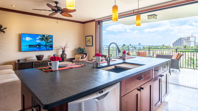 Kitchen Island, Family Room, and View inside Beach Villas BT-608