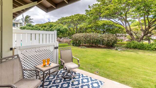 The Lanai and Backyard of Our Ko Olina Condo Rental in Oahu.