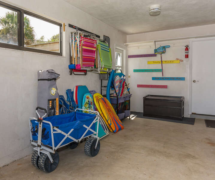 Garage stocked with all the beach essentials.