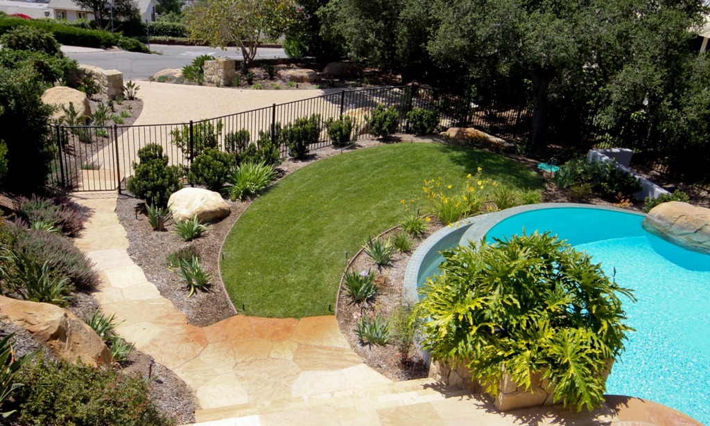 Overview of pool, lawn, and lower parking area