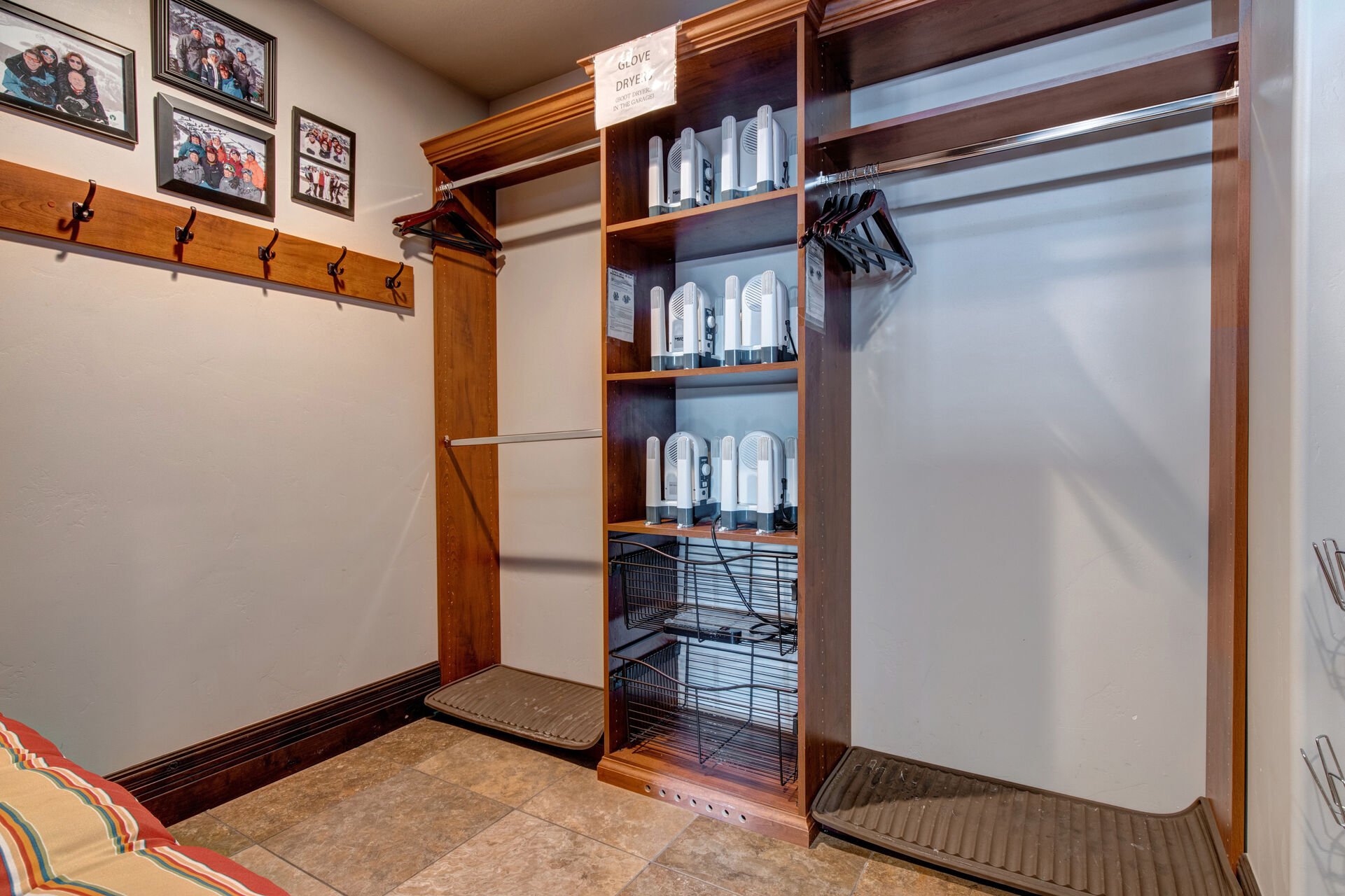 Mud Room with 12 glove warmers and room to hang wet outerwear. (Garage features storage for skiing hardware: 12 ski hangers and 12 boot warmers.)