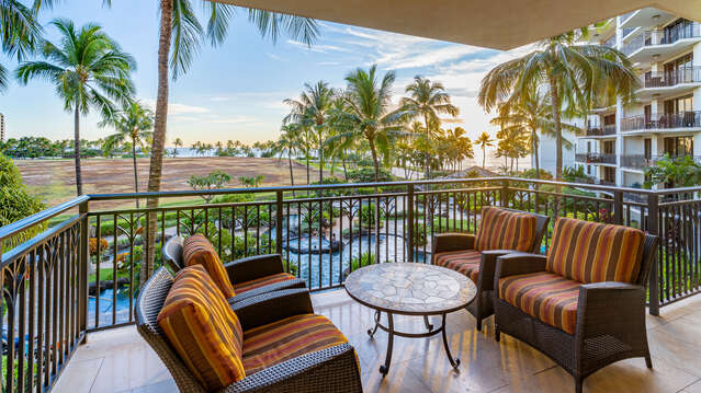 Sunset at vacation rental in Ko Olina Oahu Hawaii View from Lanai with Seating for four.