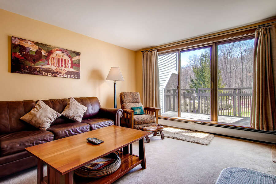 The living room w/ sliding glass door to the ski trail!