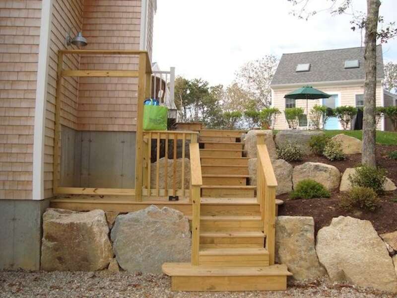 Staircase to studio cottage - 43A Old County Road South Harwich Cape Cod New England Vacation Rentals #BookNEVRDirectTheCottage