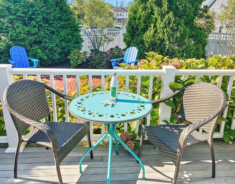 Enjoy a beverage at the Bistro Set on the back Deck-Bearses By Way- Chatham Cape Cod New England Vacation Rentals