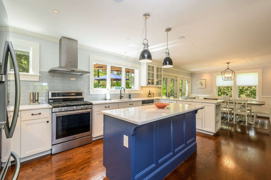 Large Chefs kitchen with large center island-93 Bucks Creek Road Chatham Cape Cod New England Vacation Rentals