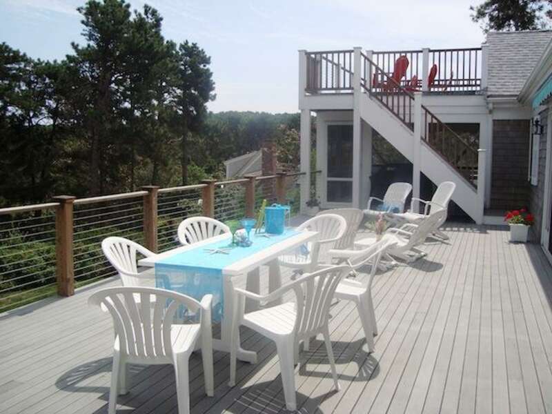 Awning for shade - gas grill and outdoor tables for dining - Waterfront North Chatham Cape Cod New England Vacation Rentals