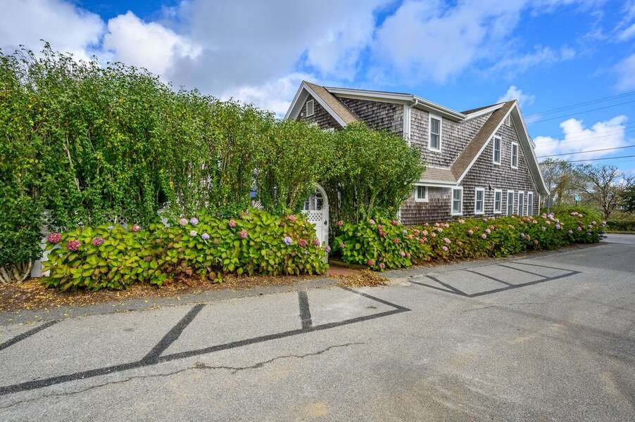 Plenty of privacy provided for the patio by the plantings lining the street - 201 Main Street Chatham Cape Cod - Sandpiper - NEVR