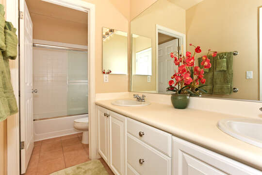 A colorful plant highlights the vanity sink in the bathroom, with a separate room with the toilet and shower.
