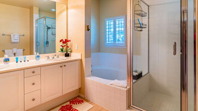 The Master Bath has a large walk-in shower and also deep, oversized tub for soaking