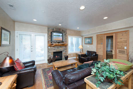 Lower living area with sauna/gas fireplace/tv