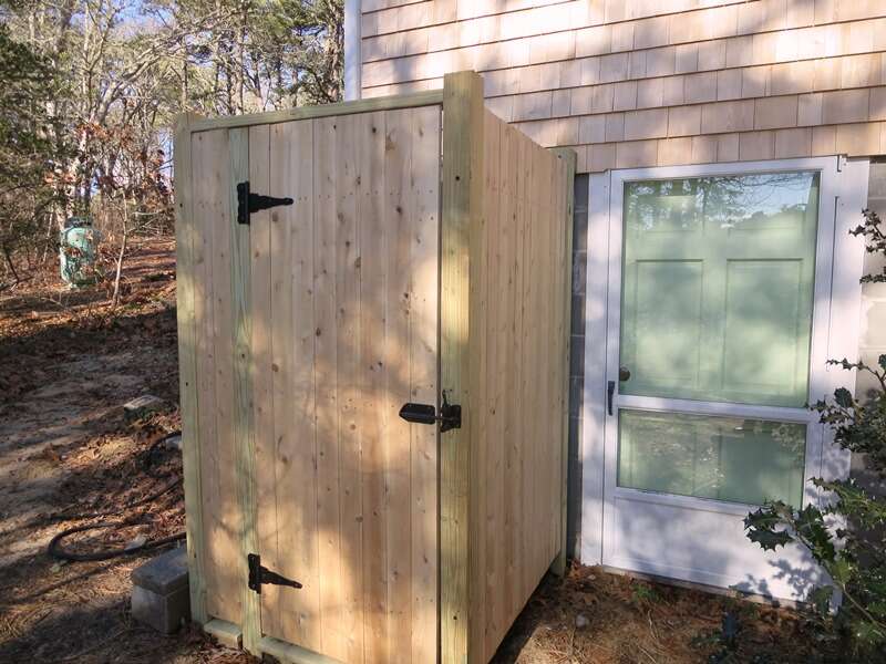 Outdoor shower with hot and cold water for your enjoyment after a day at the beach! - 379 Oak Street Harwich Cape Cod New England Vacation Rentals  