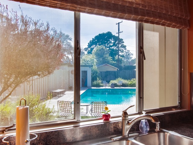Looking out the window at the pool.