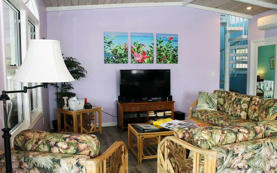 Spacious and comfortable living room furnishings with large TV