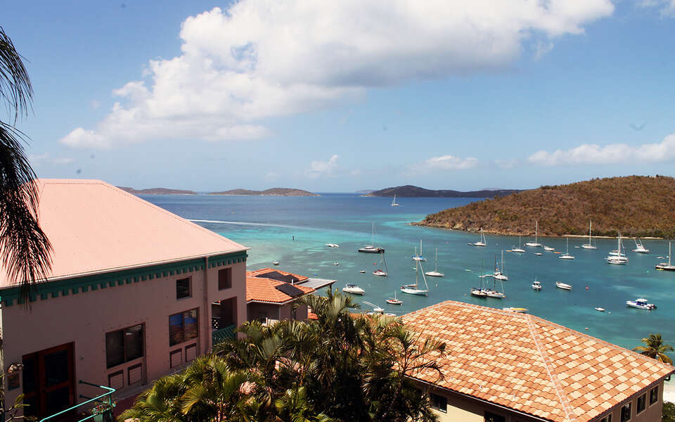 Amazing view of Cruz Bay buildings and Main ferry dock.  Walking distance to town