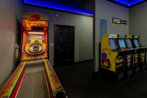 Challenge your family members to shoot hoops in basketball, skeeball or other arcade games