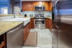 Fully Updated  & Fully Equipped Kitchen, Stainless Steel Appliances, Farm Sink and Slate Tile Floors