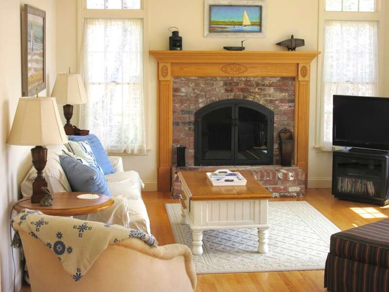 Living room with flat Screen TV and doors to deck - 151 Sky Way Chatham Cape Cod New England Vacation Rentals