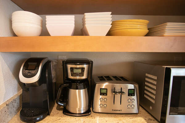 Coffee machines and toaster in the Fully Stocked Kitchen on the First Floor.