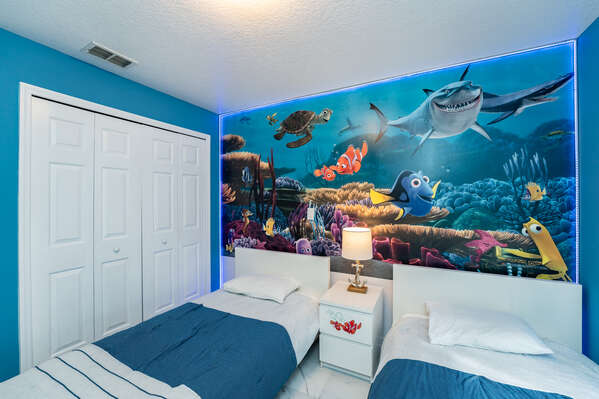 Bedroom 3 with mural  and custom lighting