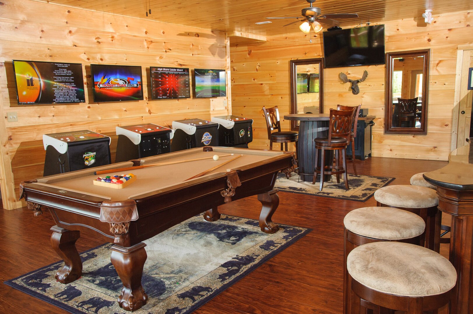 Pool Table, Table, Chairs, Game Tables, Stools, and TV.